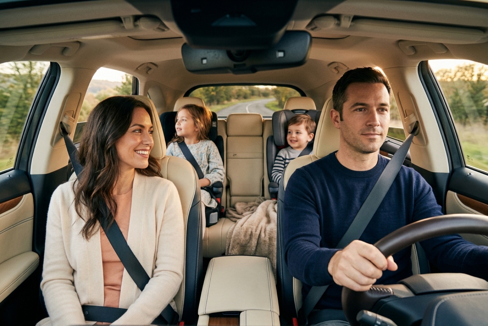 A dad driving with a mum beside him while their two children sit belted in the back seat