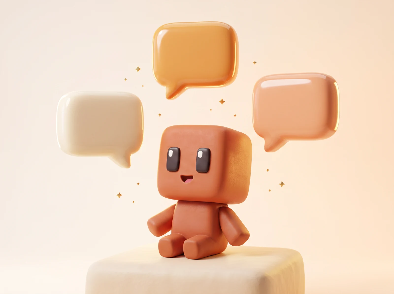 Yuna the clay pixel buddy blooming out of a glossy speech bubble with soundwave ribbons