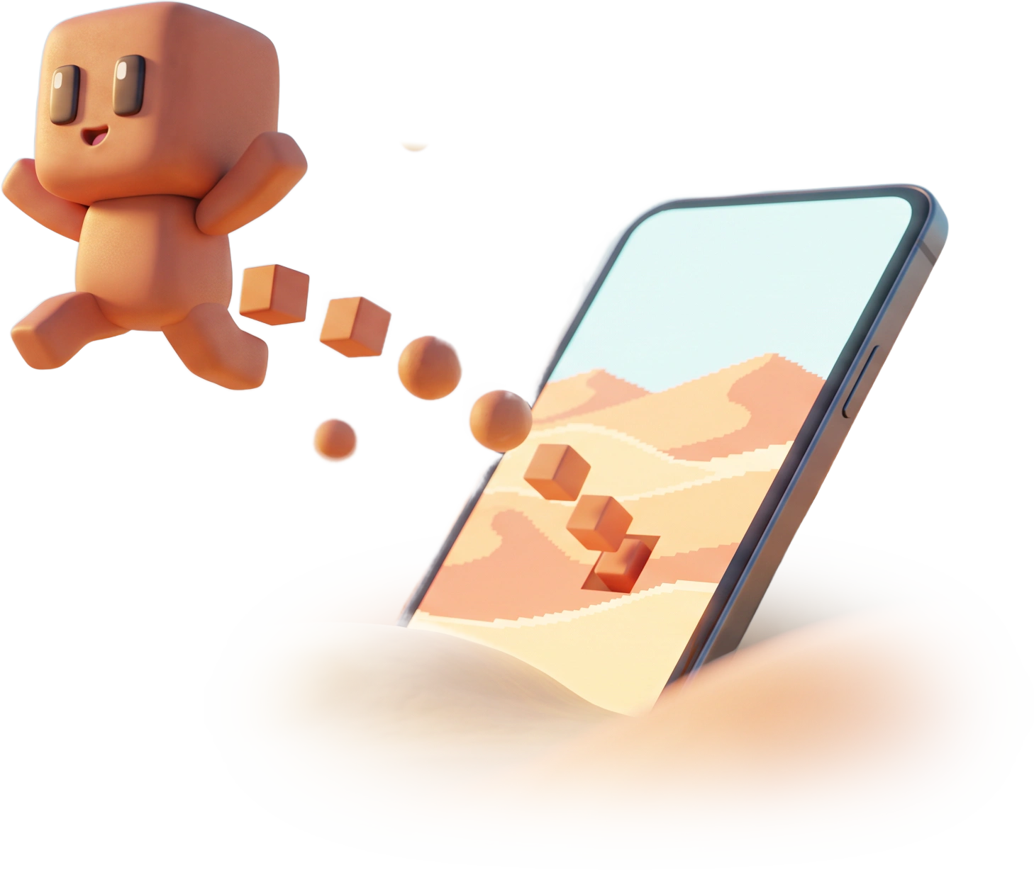 Yuna leaping out of a phone half-buried in clay dunes, her blocky pixel form turning into soft clay as she lands