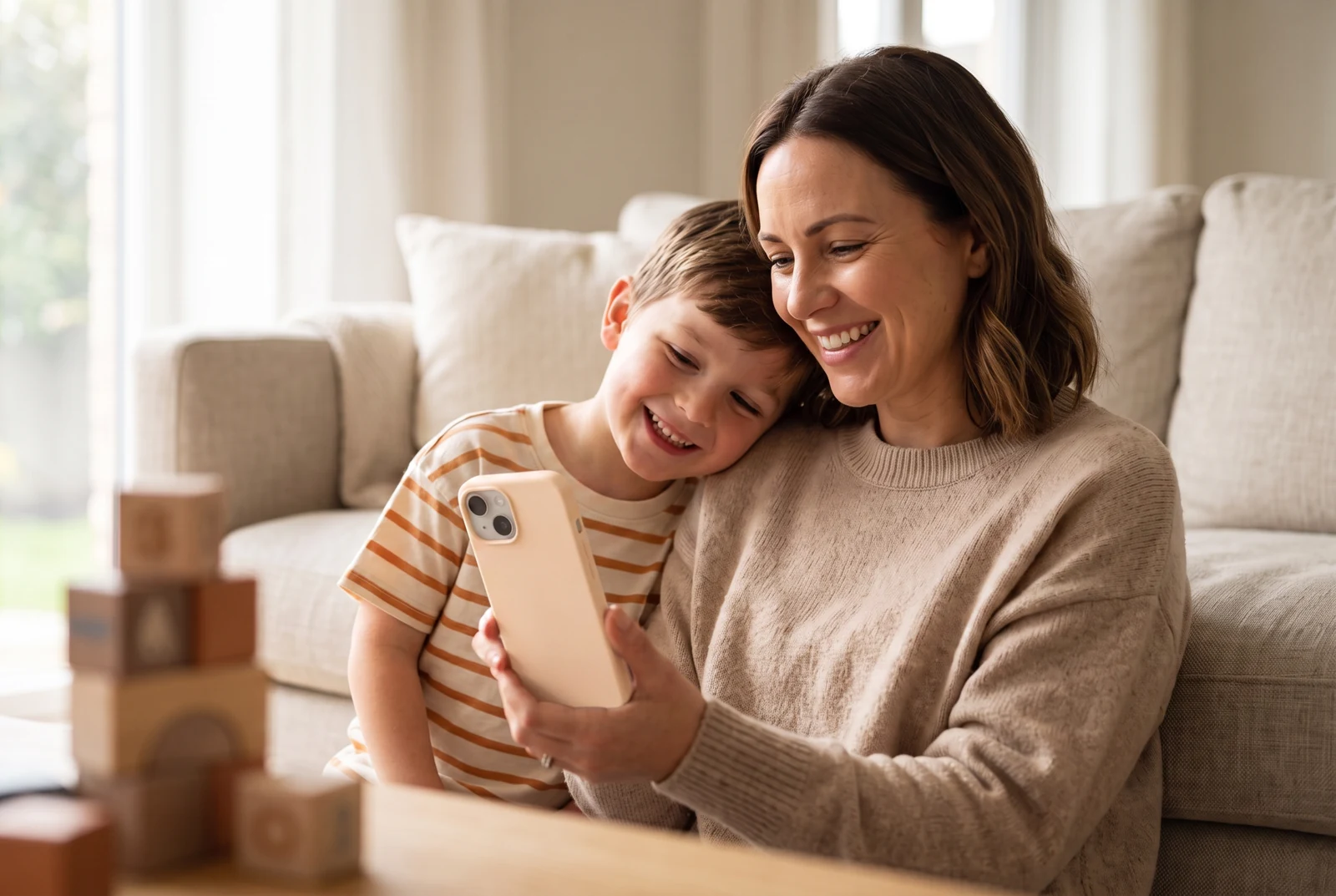 A mother and her young son laughing together at Yuna on a phone