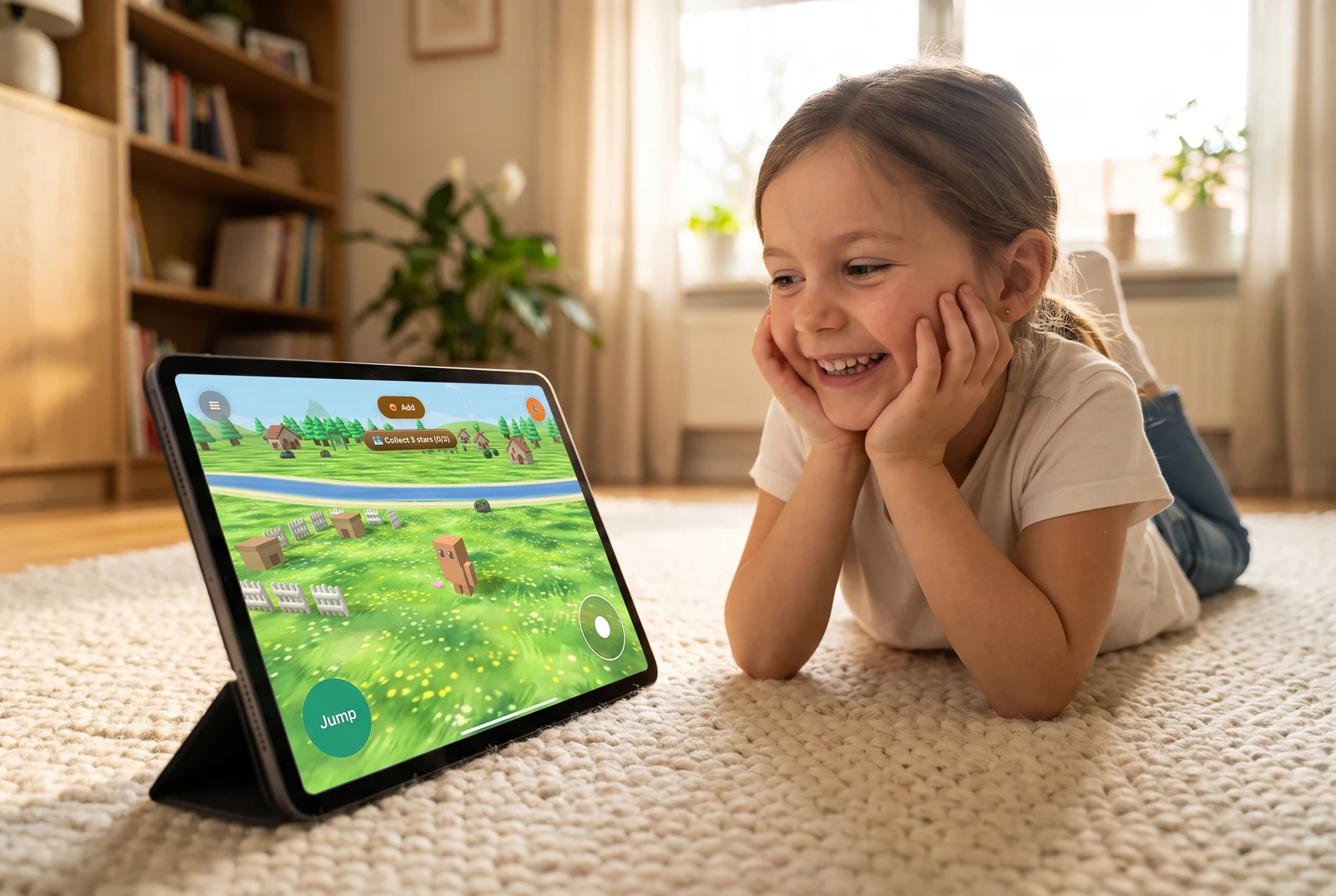 A girl lying on a rug grinning at a Yuna 3D world on an iPad