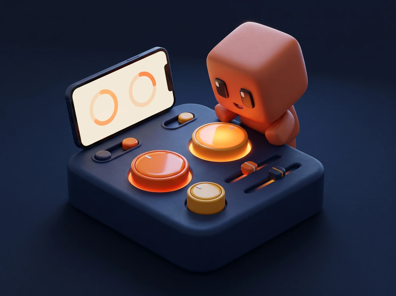 Yuna perched on a friendly clay control console of glowing dials, with a parent dashboard on a phone behind