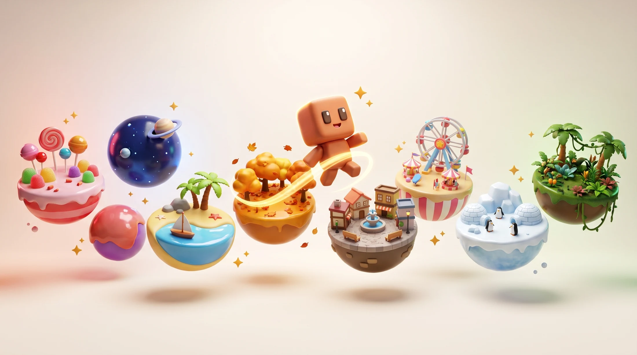Eight glossy miniature worlds floating in an arc while Yuna leaps between them on a golden ribbon