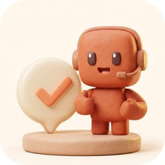 Yuna the pixel buddy wearing a headset, beside a speech bubble with a tick