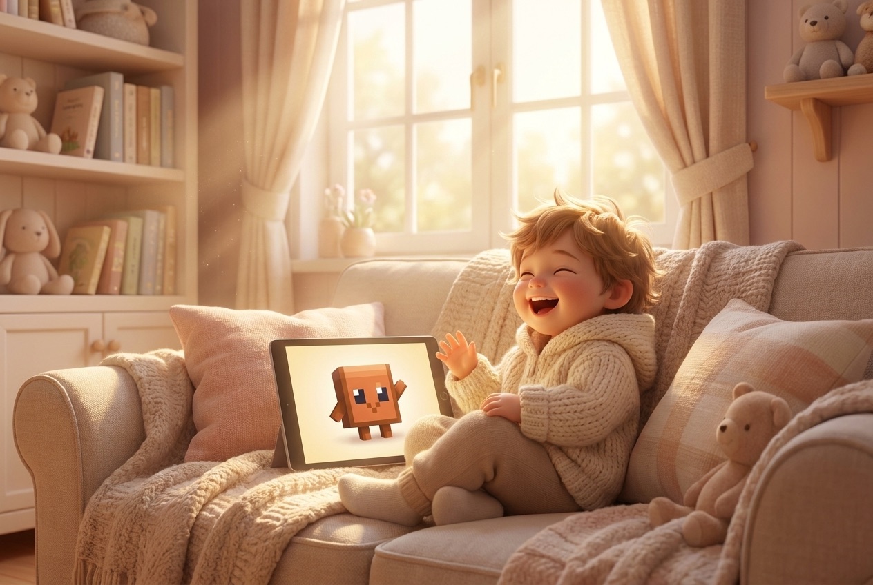 A child laughing on a sofa while chatting with Yuna on a tablet