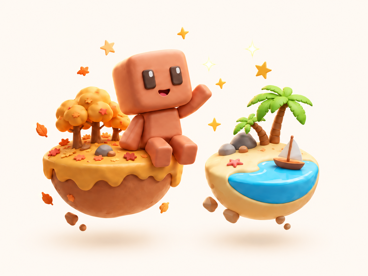 Yuna sits on a little autumn island beside a sunny island with a sailboat.