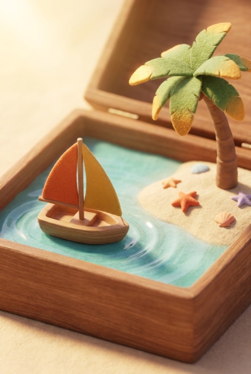 The Beach world in the Yuna app: a sunny cove with a little sailboat