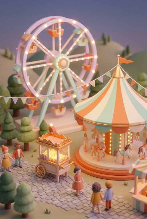The Funfair world in the Yuna app: ferris wheels at dusk